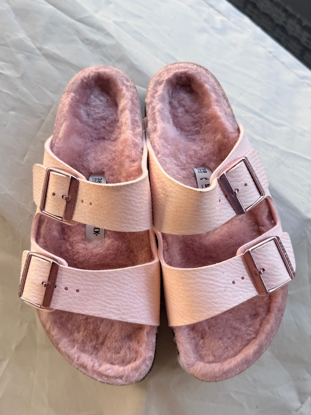 Birkenstock Women's Blush Pink Fuzzy Two-Buckle Slides